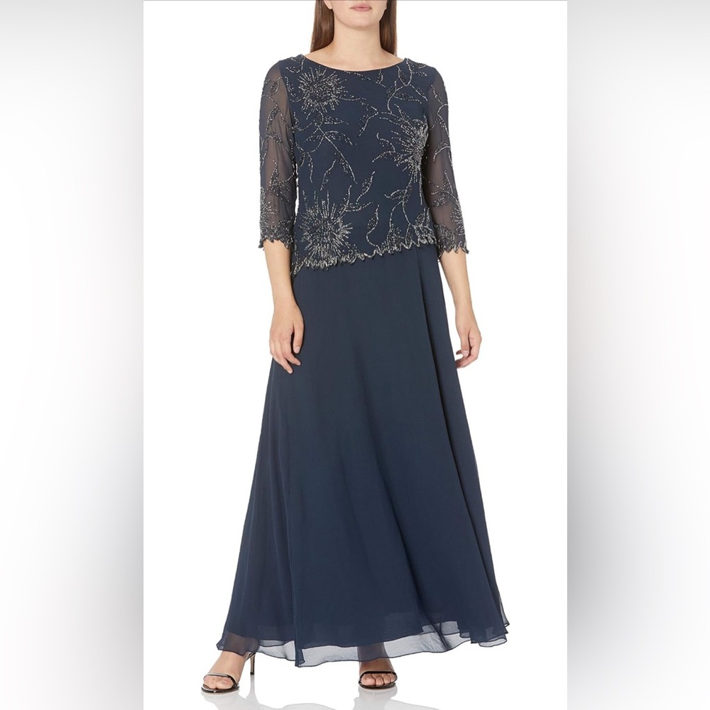 J Kara Plus Size Womens Scoop Neck Line with 3/4 Sleeve Beaded Top Long Dress